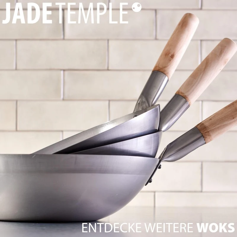 Wok, Asiatische Eisenpfanne, Küchen Wok Ø 33 cm flacher Boden, Holzgriff, Grau