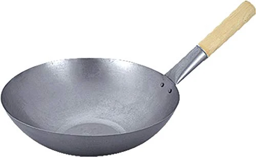 Wok, Asiatische Eisenpfanne, Küchen Wok Ø 33 cm flacher Boden, Holzgriff, Grau