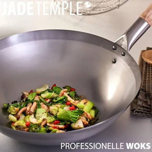 Wok, Asiatische Eisenpfanne, Küchen Wok Ø 33 cm flacher Boden, Holzgriff, Grau