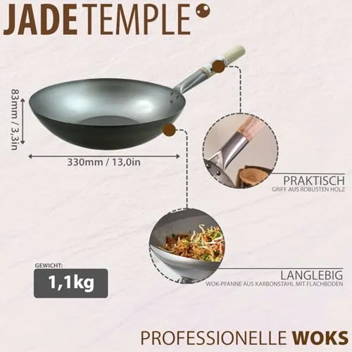 Wok, Asiatische Eisenpfanne, Küchen Wok Ø 33 cm flacher Boden, Holzgriff, Grau
