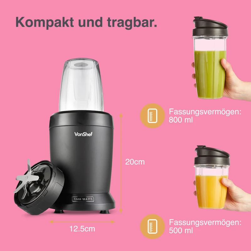 VonShef Mixer Smoothie Maker – Ultrablend für Obst, Gemüse und Crushed Ice, 1000 W/ 500 ml & 800 ml – Smoothie Maker To Go mit Mitnehmbarem Becher – Mini Mixer mit 1 Bedienknopf