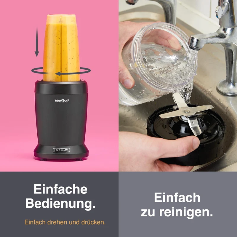 VonShef Mixer Smoothie Maker – Ultrablend für Obst, Gemüse und Crushed Ice, 1000 W/ 500 ml & 800 ml – Smoothie Maker To Go mit Mitnehmbarem Becher – Mini Mixer mit 1 Bedienknopf