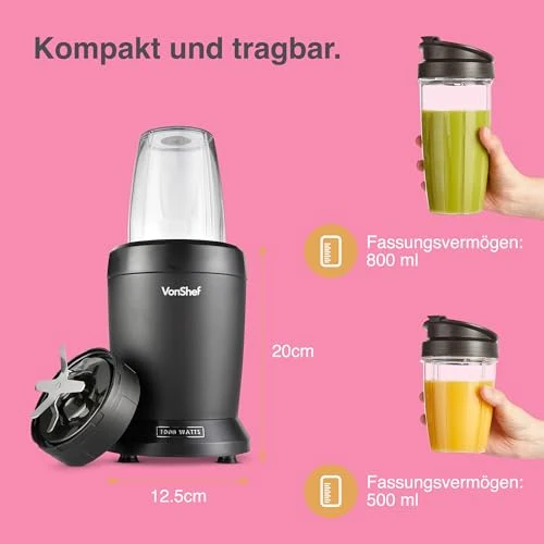 VonShef Mixer Smoothie Maker – Ultrablend für Obst, Gemüse und Crushed Ice, 1000 W/ 500 ml & 800 ml – Smoothie Maker To Go mit Mitnehmbarem Becher – Mini Mixer mit 1 Bedienknopf