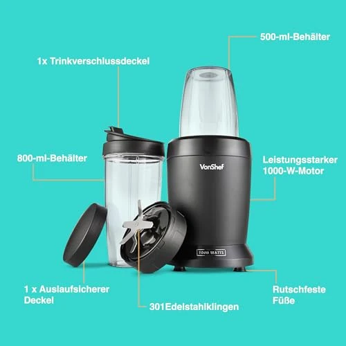 VonShef Mixer Smoothie Maker – Ultrablend für Obst, Gemüse und Crushed Ice, 1000 W/ 500 ml & 800 ml – Smoothie Maker To Go mit Mitnehmbarem Becher – Mini Mixer mit 1 Bedienknopf