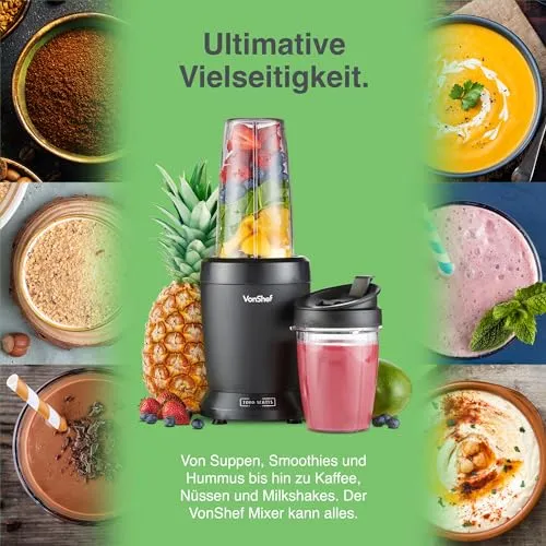 VonShef Mixer Smoothie Maker – Ultrablend für Obst, Gemüse und Crushed Ice, 1000 W/ 500 ml & 800 ml – Smoothie Maker To Go mit Mitnehmbarem Becher – Mini Mixer mit 1 Bedienknopf