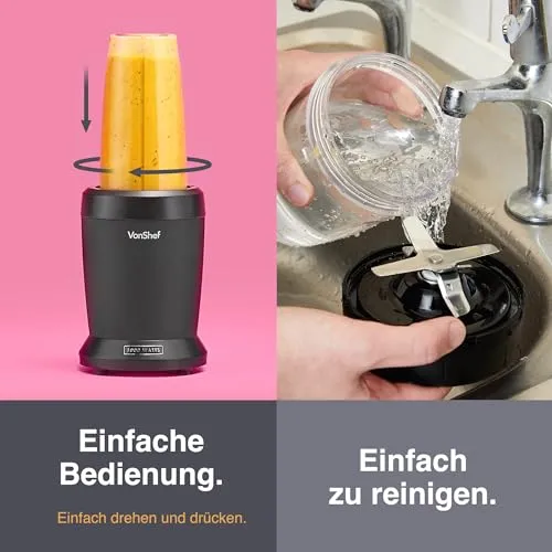 VonShef Mixer Smoothie Maker – Ultrablend für Obst, Gemüse und Crushed Ice, 1000 W/ 500 ml & 800 ml – Smoothie Maker To Go mit Mitnehmbarem Becher – Mini Mixer mit 1 Bedienknopf