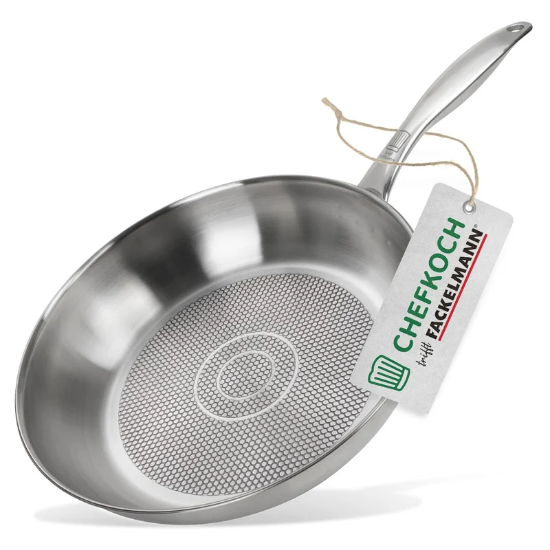 FACKELMANN Chefkoch trifft Edelstahlpfanne Ø28 cm – Hochwertige Pfanne aus 18/10 Edelstahl, knusprige Ergebnisse durch speziellen Wabenboden, für alle Herdarten geeignet