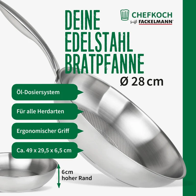 FACKELMANN Chefkoch trifft Edelstahlpfanne Ø28 cm – Hochwertige Pfanne aus 18/10 Edelstahl, knusprige Ergebnisse durch speziellen Wabenboden, für alle Herdarten geeignet