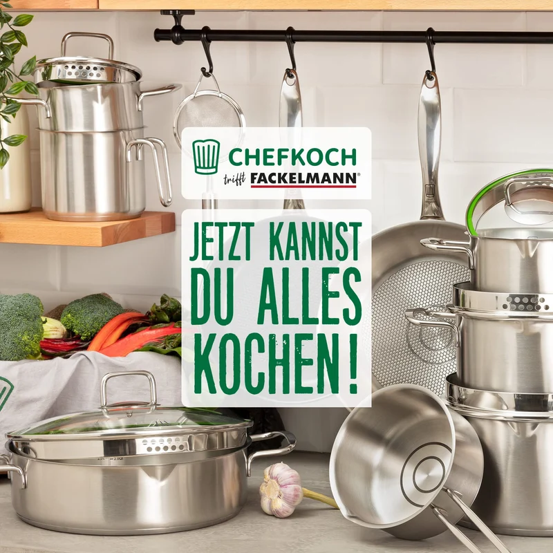 FACKELMANN Chefkoch trifft Edelstahlpfanne Ø28 cm – Hochwertige Pfanne aus 18/10 Edelstahl, knusprige Ergebnisse durch speziellen Wabenboden, für alle Herdarten geeignet