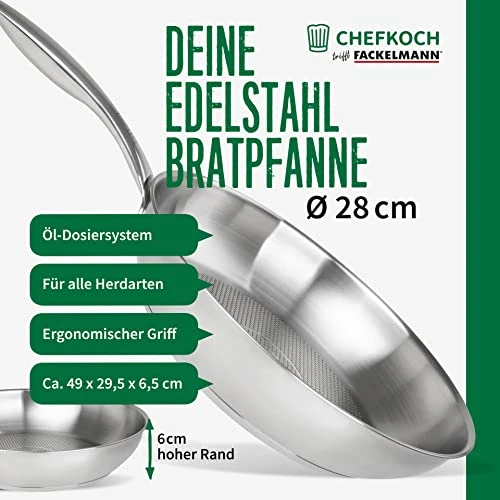 FACKELMANN Chefkoch trifft Edelstahlpfanne Ø28 cm – Hochwertige Pfanne aus 18/10 Edelstahl, knusprige Ergebnisse durch speziellen Wabenboden, für alle Herdarten geeignet
