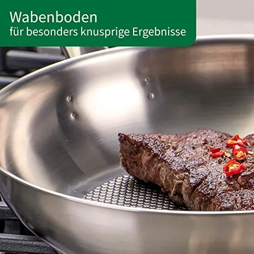FACKELMANN Chefkoch trifft Edelstahlpfanne Ø28 cm – Hochwertige Pfanne aus 18/10 Edelstahl, knusprige Ergebnisse durch speziellen Wabenboden, für alle Herdarten geeignet