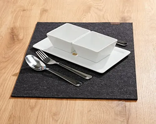 Tischset aus Filz, Weiche Tischunterlage & Tischmatte aus Natur-Wollfilz, Merinowolle Platzset, Anthrazit, Hellgrau meliert, Senfgelb, Lagune – 32 x 44 cm