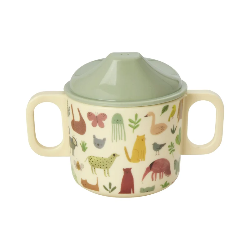 rice - Babytasse mit 2 Henkeln und süßem Dschungeldruck - staubblau, 250ml