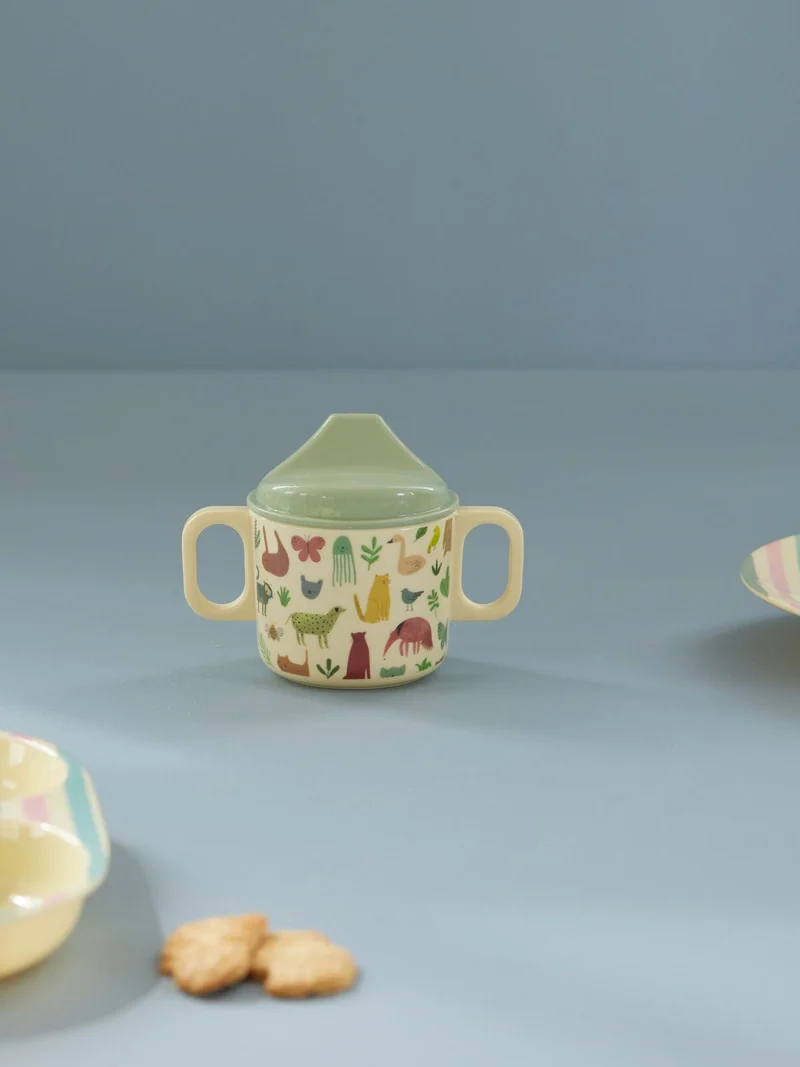 rice - Babytasse mit 2 Henkeln und süßem Dschungeldruck - staubblau, 250ml