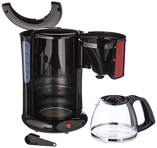 Moulinex Filterkaffeemaschine Subito, Glaskanne, 10-15 Tassen, 1,25L Fassungsvermögen, automatische Abschaltfunktion, herausnehmbarer Filtereinsatz, Wasserstandsanzeige, Edelstahl, rot/schwarz, FG360D