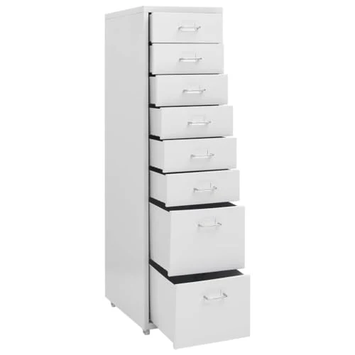 Aktenschrank mit Rollen Grau Metall 28x41x109 cm 8 Schubladen Büroschrank für Büro Arbeitszimmer Homeoffice mit Namensschildhalter und Leichter Reinigung