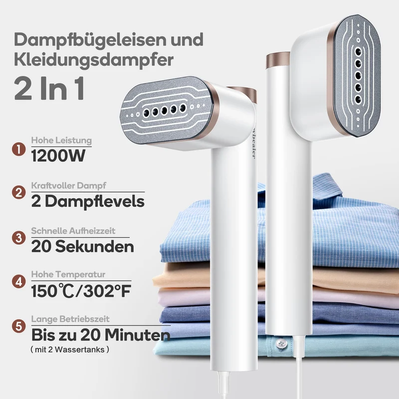 Newbealer Steamer Dampfglätter, 1200W, 120ml, Tragbarer Dampfbügel mit Hand Dampfbürste für Kleidung & Hemden Bügeln, 20s Schnelles Aufheizen, Horizontales und Vertikales Dampfen, 2 Dampfstufen