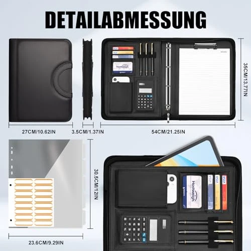 Leathario Schreibmappe A4 mit 5er Register DIN A4，Konferenzmappe mit 4 Ringbuch，Dokumentenmappe mit Reißverschluss，Griff，Klemmbrett,Ordner für Meeting, Business,Mappe für Schule, Uni