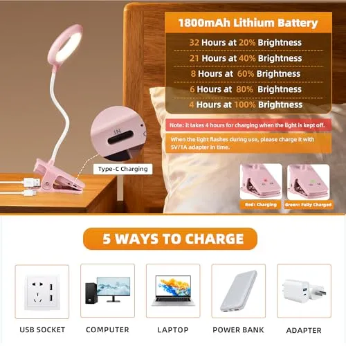 Akynite 3W Leselampe Rosa mit akku, USB Aufladbare, Typ-C Ladung, 5 Farbwechsel und 5 Helligkeit, 28 LED Klemmlampe ohne Kabel, Bettlampe Touch Klemmbar, für Stilllampe Nachttischlampe