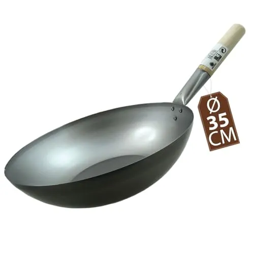 JADE TEMPLE Wok aus Carbonstahl, mit flachem Boden und 35 cm Durchmesser, mit rundem Holzgriff, Grau