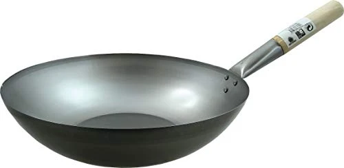 JADE TEMPLE Wok aus Carbonstahl, mit flachem Boden und 35 cm Durchmesser, mit rundem Holzgriff, Grau
