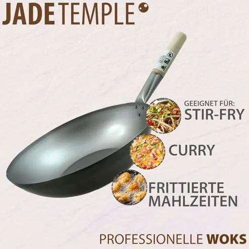 JADE TEMPLE Wok aus Carbonstahl, mit flachem Boden und 35 cm Durchmesser, mit rundem Holzgriff, Grau