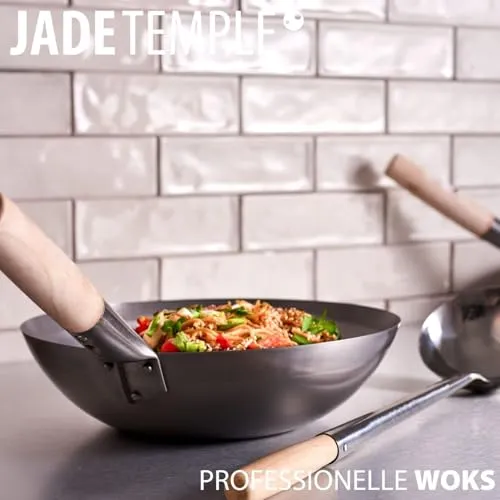 JADE TEMPLE Wok aus Carbonstahl, mit flachem Boden und 35 cm Durchmesser, mit rundem Holzgriff, Grau