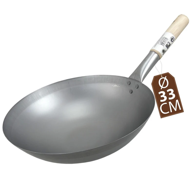 JADE TEMPLE Wok aus Carbonstahl, mit rundem Boden und 33 cm Durchmesser, mit rundem Holzgriff, 56 x 35 x 25.5 cm, Grau