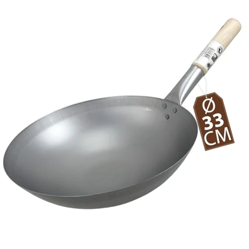JADE TEMPLE Wok aus Carbonstahl, mit rundem Boden und 33 cm Durchmesser, mit rundem Holzgriff, 56 x 35 x 25.5 cm, Grau