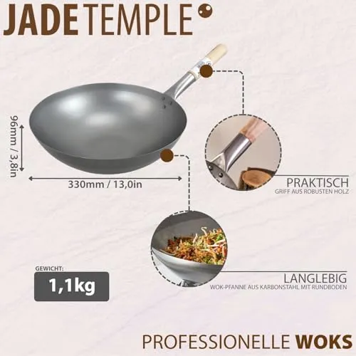 JADE TEMPLE Wok aus Carbonstahl, mit rundem Boden und 33 cm Durchmesser, mit rundem Holzgriff, 56 x 35 x 25.5 cm, Grau