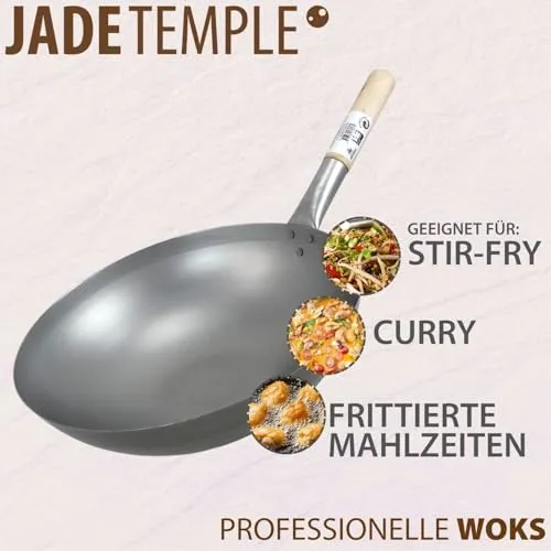 JADE TEMPLE Wok aus Carbonstahl, mit rundem Boden und 33 cm Durchmesser, mit rundem Holzgriff, 56 x 35 x 25.5 cm, Grau