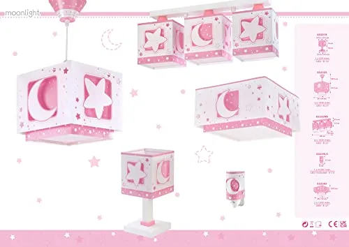 Dalber Lampe kinderzimmer, kinderlampe Pendelleuchte Hängelampe, Deckenleuchte Kinder, Deckenlampe kinderzimmer, Mond und Sterne Rosa MoonLight, 63232S, E27
