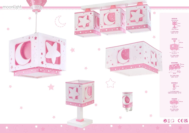 Dalber Lampe kinderzimmer, kinderlampe Pendelleuchte Hängelampe, Deckenleuchte Kinder, Deckenlampe kinderzimmer, Mond und Sterne Rosa MoonLight, 63232S, E27
