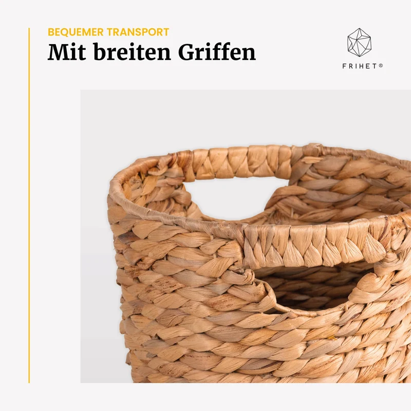 FRIHET Papierkorb geflochten aus Wasserhyazinthe mit Henkel | Aufbewahrungskorb – vielseitig einsetzbar | Mülleimer aus natürlichen Materialien | Ø 24 cm oben, 18 cm unten, H 33 cm