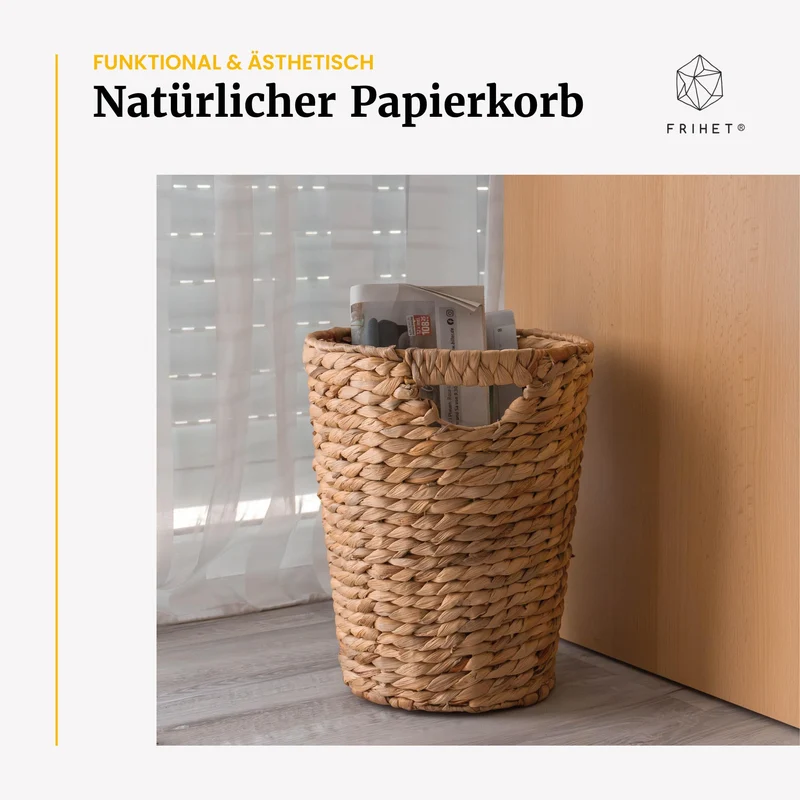 FRIHET Papierkorb geflochten aus Wasserhyazinthe mit Henkel | Aufbewahrungskorb – vielseitig einsetzbar | Mülleimer aus natürlichen Materialien | Ø 24 cm oben, 18 cm unten, H 33 cm