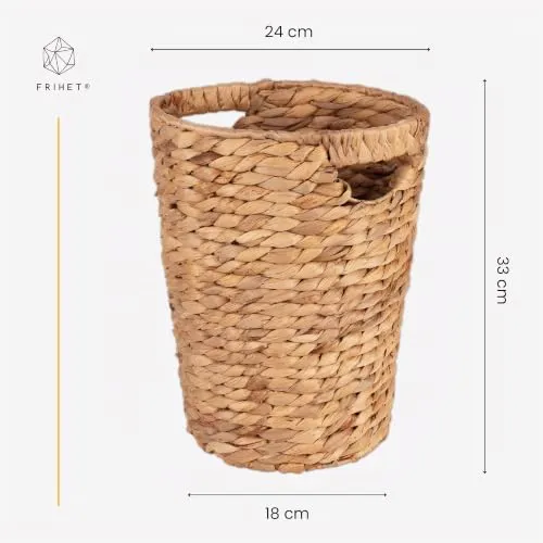 FRIHET Papierkorb geflochten aus Wasserhyazinthe mit Henkel | Aufbewahrungskorb – vielseitig einsetzbar | Mülleimer aus natürlichen Materialien | Ø 24 cm oben, 18 cm unten, H 33 cm