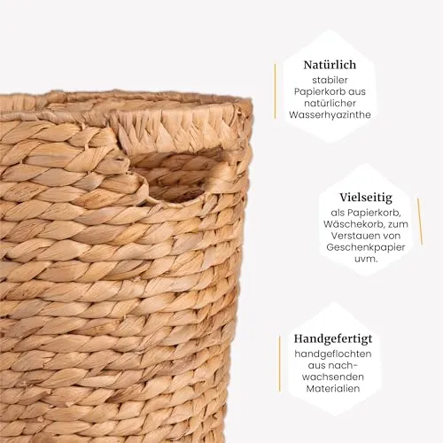 FRIHET Papierkorb geflochten aus Wasserhyazinthe mit Henkel | Aufbewahrungskorb – vielseitig einsetzbar | Mülleimer aus natürlichen Materialien | Ø 24 cm oben, 18 cm unten, H 33 cm