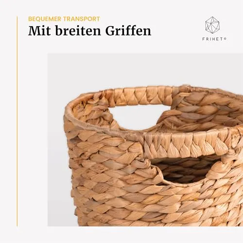 FRIHET Papierkorb geflochten aus Wasserhyazinthe mit Henkel | Aufbewahrungskorb – vielseitig einsetzbar | Mülleimer aus natürlichen Materialien | Ø 24 cm oben, 18 cm unten, H 33 cm