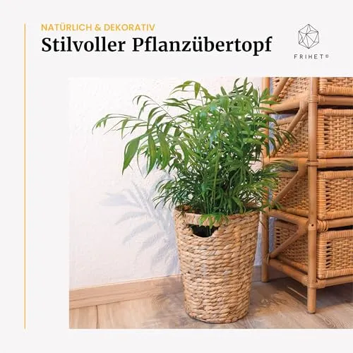 FRIHET Papierkorb geflochten aus Wasserhyazinthe mit Henkel | Aufbewahrungskorb – vielseitig einsetzbar | Mülleimer aus natürlichen Materialien | Ø 24 cm oben, 18 cm unten, H 33 cm