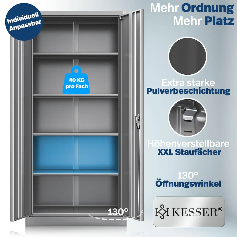 KESSER® Aktenschrank abschließbar mit Flügeltüren 180x80x40cm | Büroschrank aus Stahl mit 4 höhenverstellbaren Einlegeböden | Mehrzweckschrank 5 flexible Fächer, max. 40 kg pro Fach, inkl. 2 Schlüssel