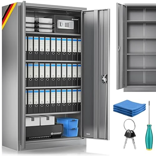 KESSER® Aktenschrank abschließbar mit Flügeltüren 180x80x40cm | Büroschrank aus Stahl mit 4 höhenverstellbaren Einlegeböden | Mehrzweckschrank 5 flexible Fächer, max. 40 kg pro Fach, inkl. 2 Schlüssel