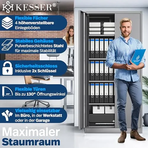 KESSER® Aktenschrank abschließbar mit Flügeltüren 180x80x40cm | Büroschrank aus Stahl mit 4 höhenverstellbaren Einlegeböden | Mehrzweckschrank 5 flexible Fächer, max. 40 kg pro Fach, inkl. 2 Schlüssel