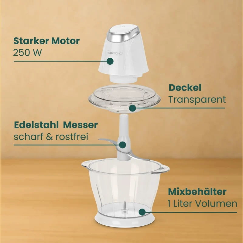 Clatronic Multizerkleinerer MZ 3579, 2 in 1 Multizerkleinerer und Ice Crusher in Einem, 250 Watt, weiß