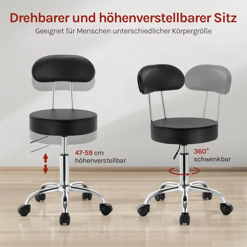 WOLTU Rollhocker, Hocker mit Rollen und Lehne, Kunstleder, Schwarz