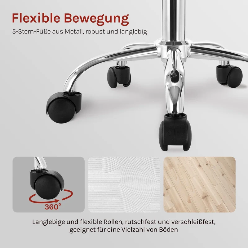 WOLTU Rollhocker, Hocker mit Rollen und Lehne, Kunstleder, Schwarz