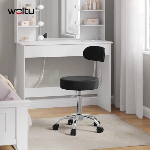 WOLTU Rollhocker, Hocker mit Rollen und Lehne, Kunstleder, Schwarz