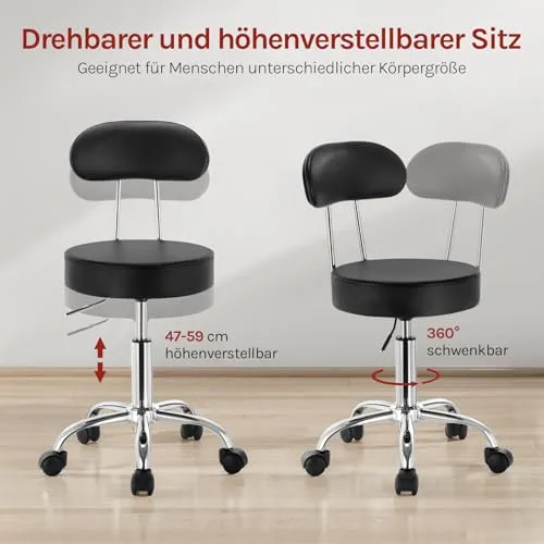 WOLTU Rollhocker, Hocker mit Rollen und Lehne, Kunstleder, Schwarz