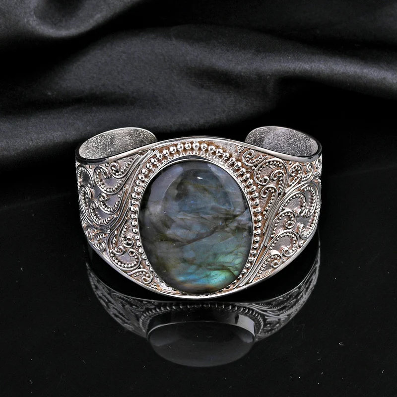 Royal Bali Kollektion - Labradorit Armreif, ca. 19 cm, 925 Silber ca. 75.00 ct