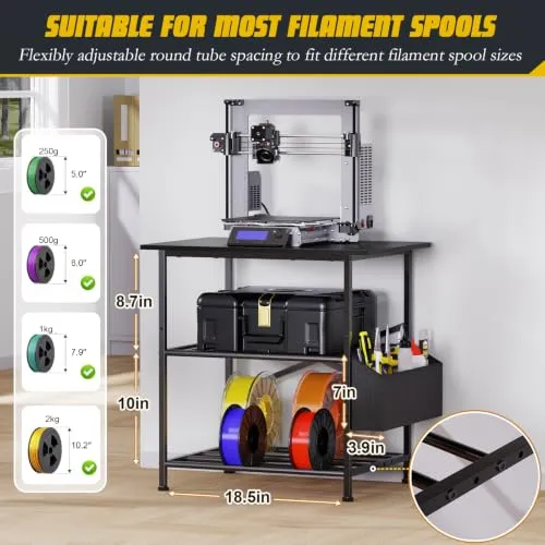 3D Druckertisch, 3 Stöckiger Druckerständer, Metall Druckerschrank mit Filament Aufbewahrung und Seitentasche, Druckerregal zur Standfuß für Büro, Zuhause, Schule, Werkstatt (Schwarz)