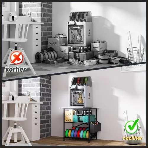 3D Druckertisch, 3 Stöckiger Druckerständer, Metall Druckerschrank mit Filament Aufbewahrung und Seitentasche, Druckerregal zur Standfuß für Büro, Zuhause, Schule, Werkstatt (Schwarz)